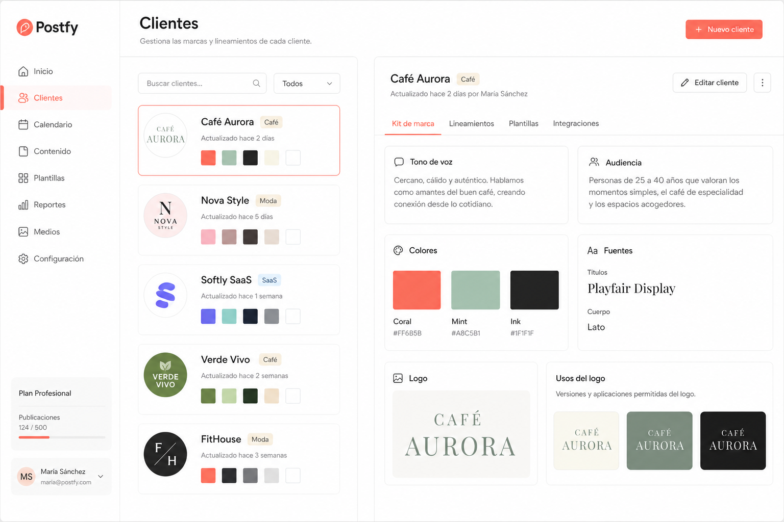 Gestión de clientes y brand kit en Postfy