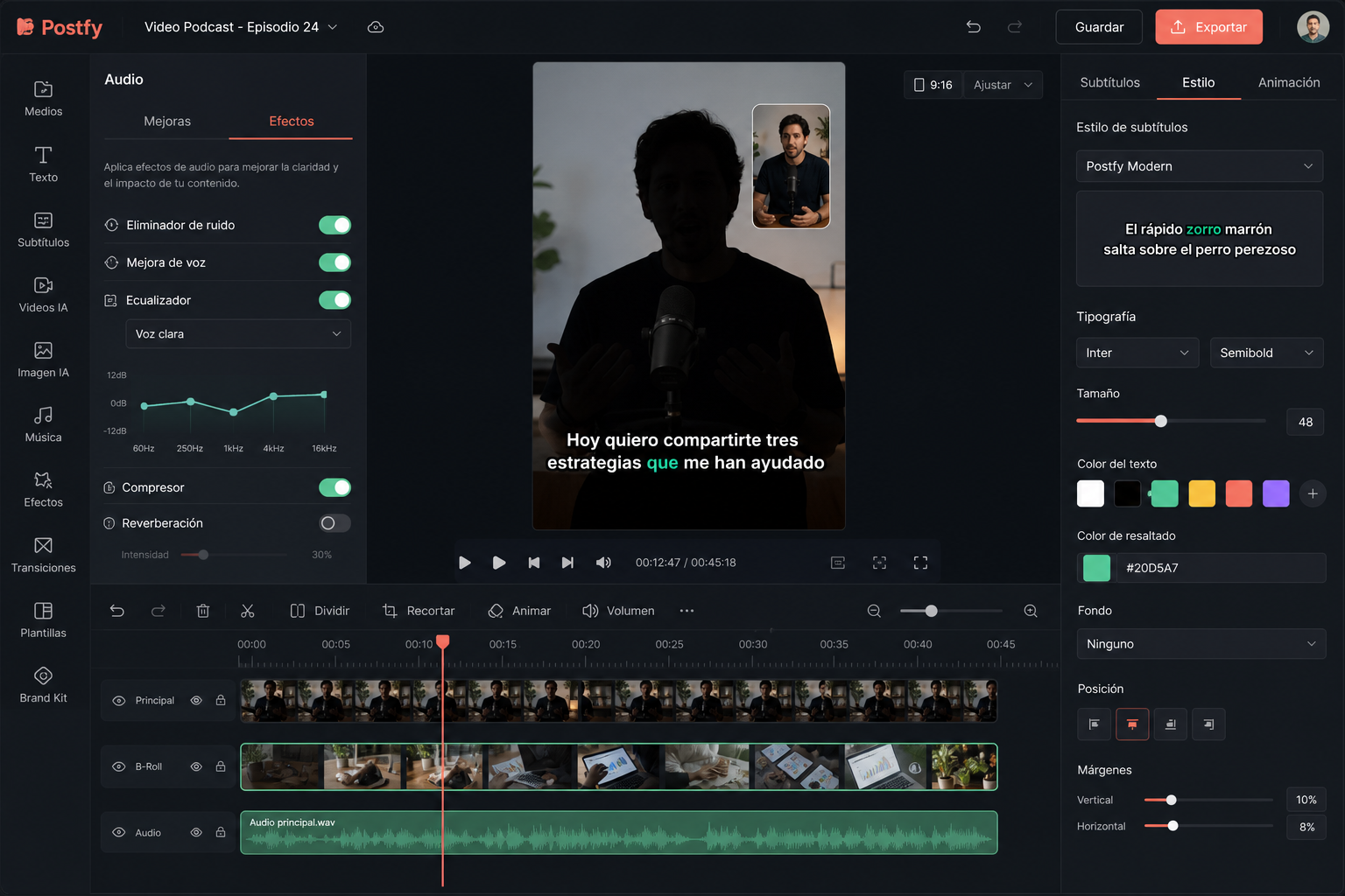 Timeline de vídeo en Postfy